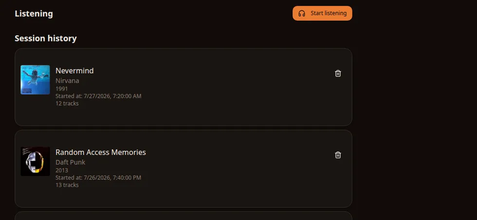 Listening session screen with album and track controls.